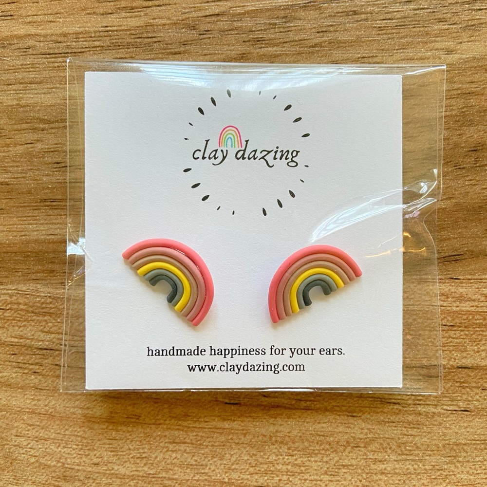 Clay Dazing mini rainbow earrings, new in wrapping!!